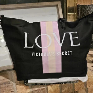 Victoria's Secret Canvas 'LOVE' Bag Weekender Black Pink Stripe #11157152. NWT